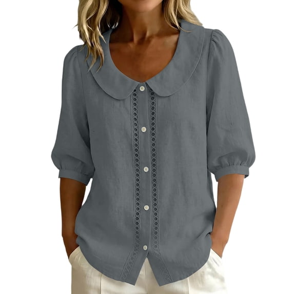 GERsome Short Sleeve T-Shirts for Women Button Down Summer Comfy Cotton Linen Summer Collared Tops,Gray,Size S