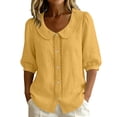 thumbnail image 1 of GERsome Short Sleeve T-Shirts for Women Button Down Summer Comfy Cotton Linen Summer Collared Tops,Yellow,Size XL, 1 of 9