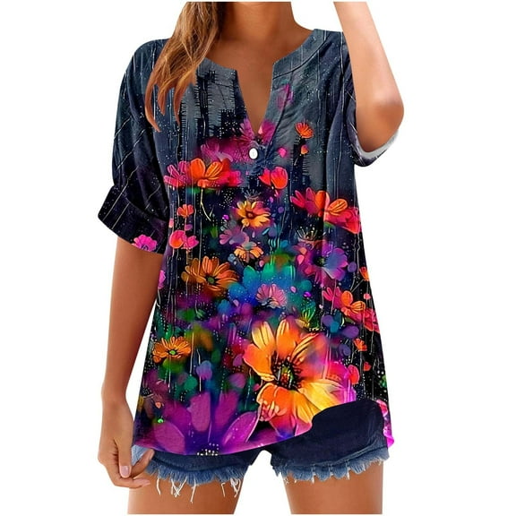 GERsome Short Sleeve T Shirts for Women Button V Neck Tops Casual Floral Tees Lightweight Soft Loose Fit Summer Shirts, Sizes S-2XL
