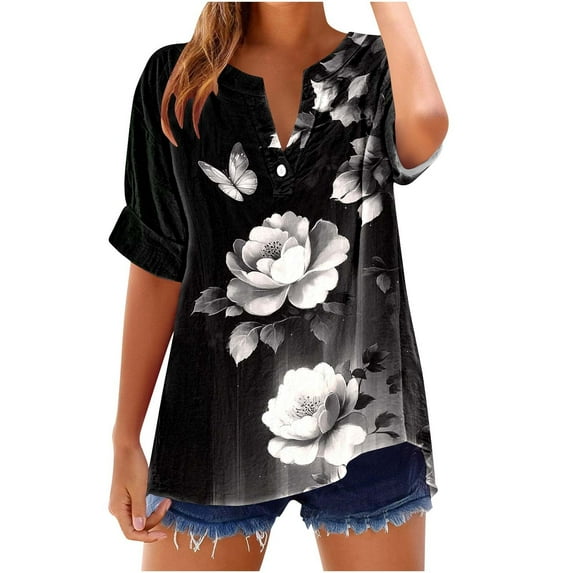 GERsome Short Sleeve T Shirts for Women Button V Neck Tops Casual Floral Tees Lightweight Soft Loose Fit Summer Shirts, Sizes S-2XL