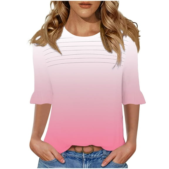 GERsome Short Sleeve T-Shirts for Women Trendy 3/4 Ruffle Sleeve Crew Neck Loose Fit Shirts Gradient Print Summer Casual Tunic Tops, Sizes S-3XL
