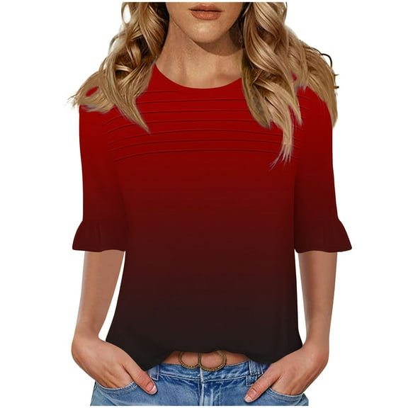 GERsome Short Sleeve T-Shirts for Women Trendy 3/4 Ruffle Sleeve Crew Neck Loose Fit Shirts Gradient Print Summer Casual Tunic Tops, Sizes S-3XL