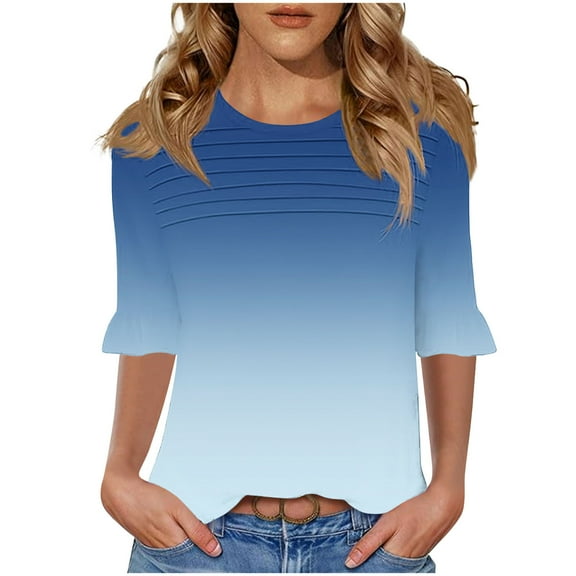 GERsome Short Sleeve T-Shirts for Women Trendy 3/4 Ruffle Sleeve Crew Neck Loose Fit Shirts Gradient Print Summer Casual Tunic Tops, Sizes S-3XL
