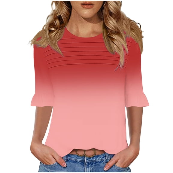GERsome Short Sleeve T-Shirts for Women Trendy 3/4 Ruffle Sleeve Crew Neck Loose Fit Shirts Gradient Print Summer Casual Tunic Tops, Sizes S-3XL