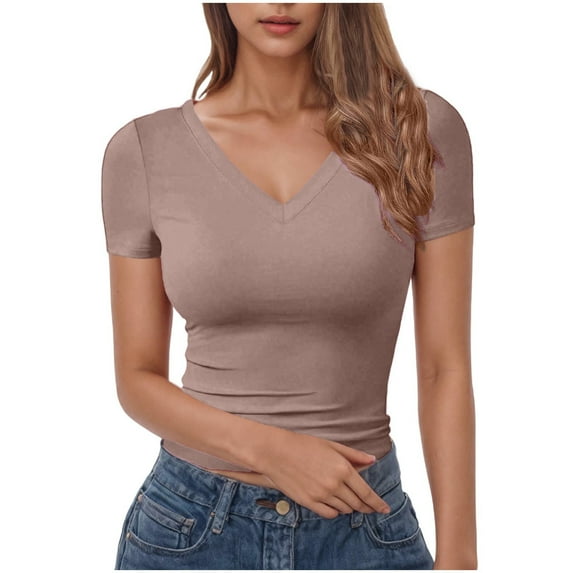 GERsome Short Sleeve Tops for Women V Neck Solid Color Slim-Fit Basic T-Shirt Summer Lightweight Undershirts S-2XL