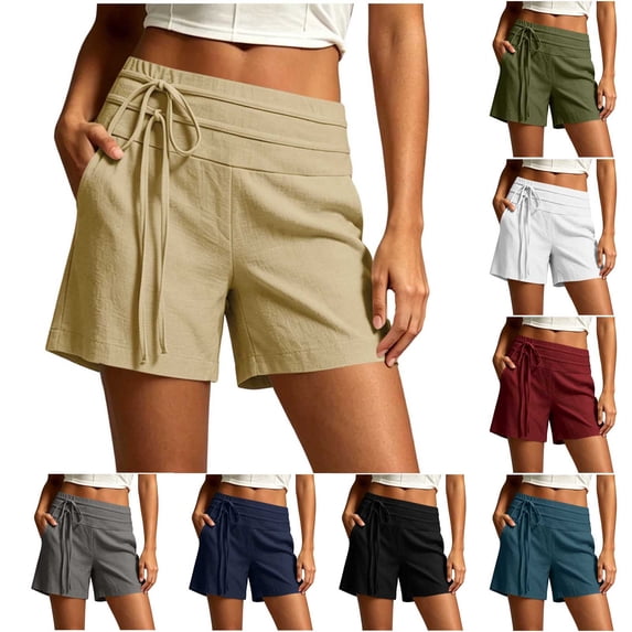 GERsome Shorts for Women Wide Leg Side Lace-Up Waist Summer Vacation Lounge Shorts with Pockets Beige Size S