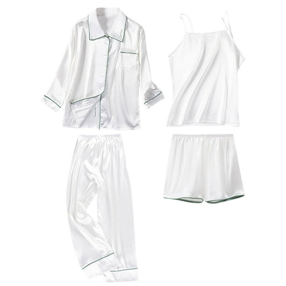 GERsome Silk Pajamas for Women Set 4Pcs Satin Pajamas Set Button Down Short Sleeve Cami Shorts Sleepwear Pj Set