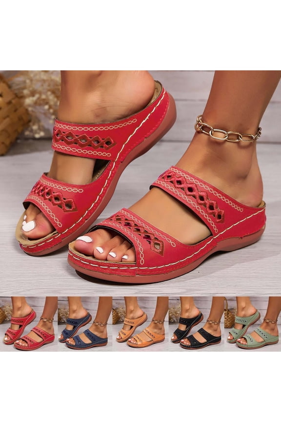 Slip On Wedge Sandals for Women Platform Open Toe Casual Comfort Walking Slides Summer Beach Sandals, Red Size 7