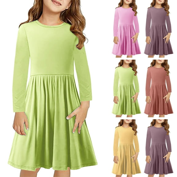 GERsome Solid Color Long Sleeve Dress for Kids Girls Casual Crewneck Dresses Twirly A Line Skater Dress for School Party 4-14 Years