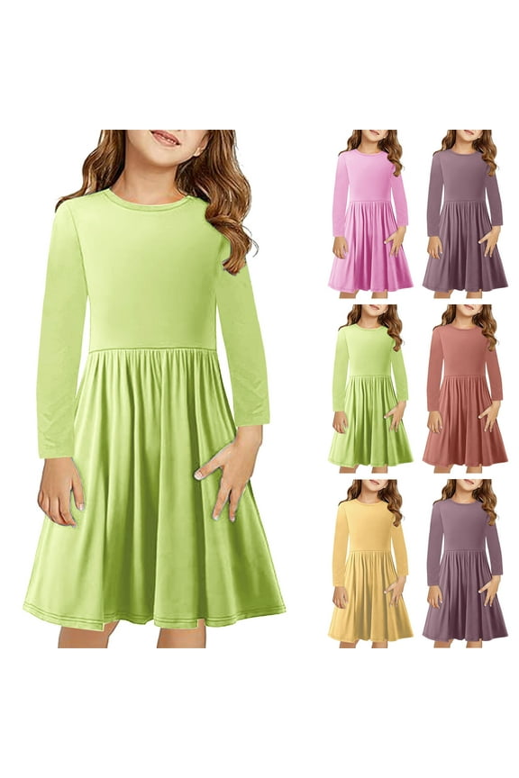 Solid Color Long Sleeve Dress for Kids Girls Casual Crewneck Dresses Twirly A Line Skater Dress for School Party 4-14 Years