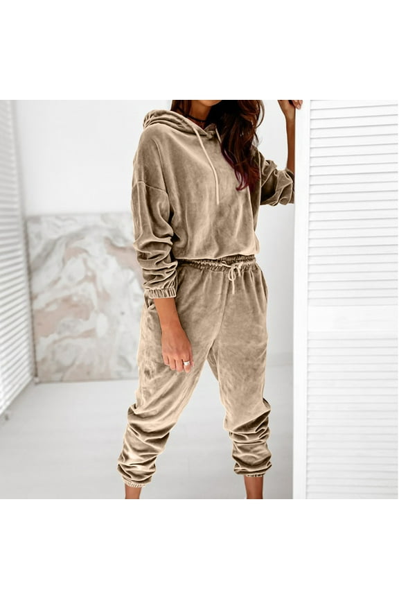 Solid Color Tracksuit for Women Set 2 Piece Joggers Velour Jogging Sweat Outfits Hoodie and Sweatpants Set