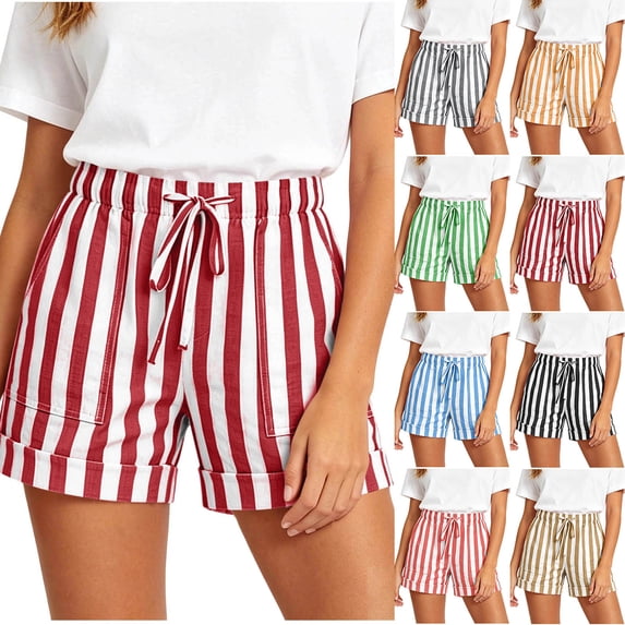GERsome Striped Shorts Women's Comfy Drawstring Shorts for Casual Lounge Vacation Athletic with Pockets Pink Size L