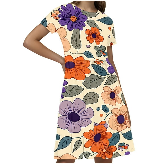 GERsome Summer Dresses for Girls Cute Floral Print Crewneck T-shirt Dresses Loose Short Sleeve Beach Party Sundress Size 4-14 Years