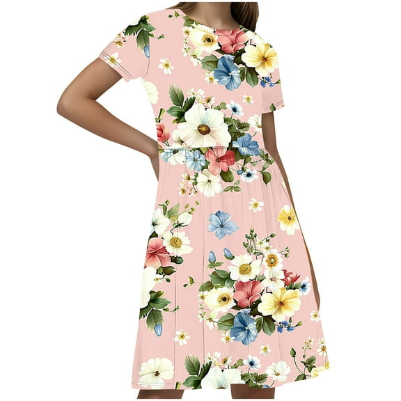 GERsome Summer Dresses for Girls Cute Floral Print Crewneck T-shirt Dresses Loose Short Sleeve Beach Party Sundress Size 4-14 Years