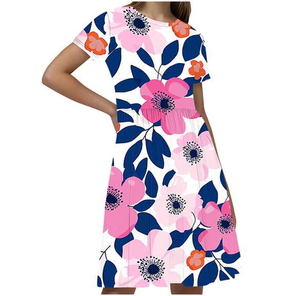 GERsome Summer Dresses for Girls Cute Floral Print Crewneck T-shirt Dresses Loose Short Sleeve Beach Party Sundress Size 4-14 Years