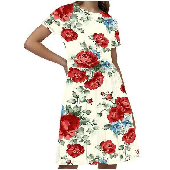 GERsome Summer Dresses for Girls Cute Floral Print Crewneck T-shirt Dresses Loose Short Sleeve Beach Party Sundress Size 4-14 Years