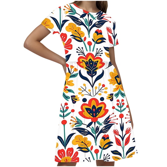 GERsome Summer Dresses for Girls Cute Floral Print Crewneck T-shirt Dresses Loose Short Sleeve Beach Party Sundress Size 4-14 Years