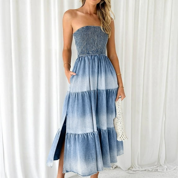 GERsome Summer Dresses for Women Beach Cover Ups Strapless Boho Floral Print Denim Sundress