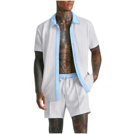 GERsome Summer Outfits for Men 2 Piece Lounge Sets V Neck Button Down Shirts and Shorts Loungewear with Pockets S-2XL