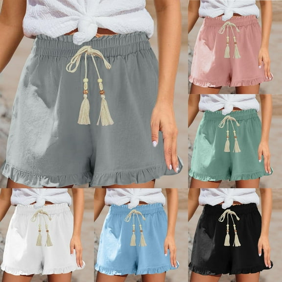 GERsome Summer Shorts for Women Cute Ruffle Solid Color Shorts Elastic Waist Casual Beach Vacation Shorts with Pockets S-2XL