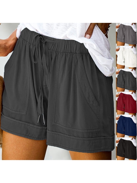 Summer Solid Color Shorts for Women Casual Sweat Jogger Yoga Lounge Shorts Drawstring Comfy Elastic High Waist Running Shorts with Pockets