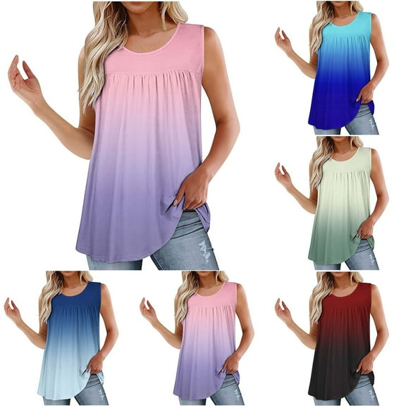 GERsome Summer Tank Tops for Women Loose Fit Pleated Scoop Neck Sleeveless Workout Tops Curved Hem Flowy Muscle Tees S-2XL