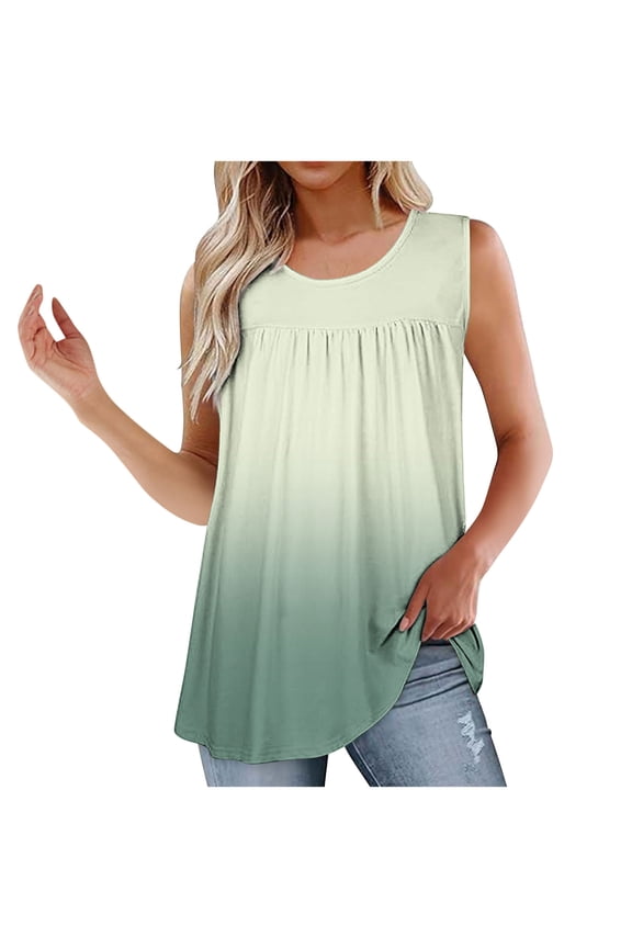 Summer Tank Tops for Women Loose Fit Pleated Scoop Neck Sleeveless Workout Tops Curved Hem Flowy Muscle Tees S-2XL
