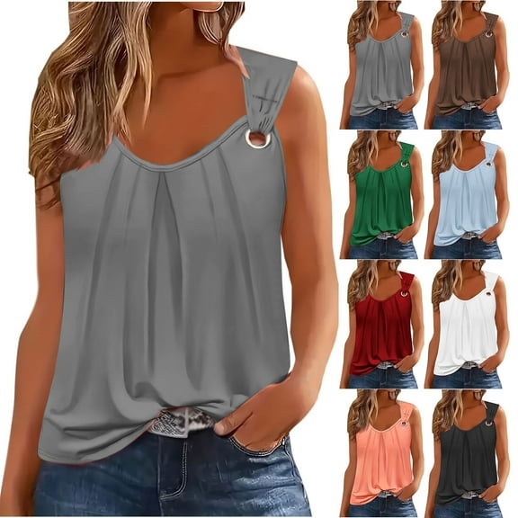 GERsome Summer Tank Tops for Women Pleated Scoop Neck O Ring Shoulder Sleeveless Shirts Casual Loose Fit Trendy Blouses S-2XL