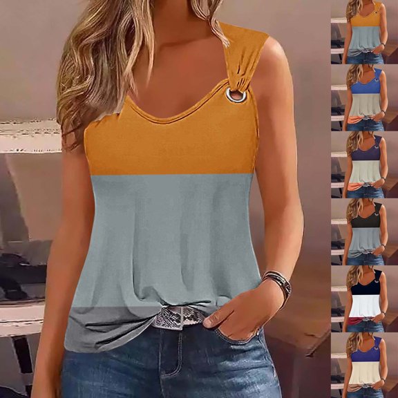 GERsome Summer Tank Tops for Women Scoop Neck O Ring Shoulder Sleeveless Shirts Casual Loose Fit Trendy Blouses S-2XL