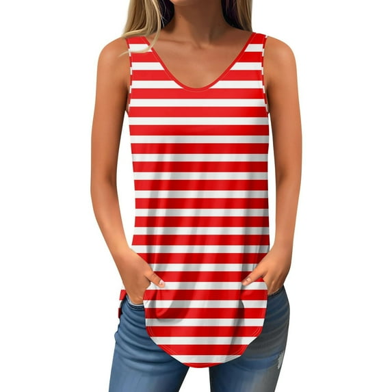 GERsome Summer Tank Tops for Women Striped Sleeveless V Neck Loose Fit Flowy T-Shirts Casual Vacation Curved Hem Muscle Tee S-2XL