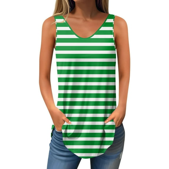 GERsome Summer Tank Tops for Women Striped Sleeveless V Neck Loose Fit Flowy T-Shirts Casual Vacation Curved Hem Muscle Tee S-2XL