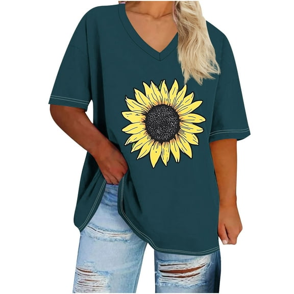 GERsome Summer V Neck T-Shirts for Women Plus Size Short Sleeve Loose Fit T-Shirts, Sizes S-5XL