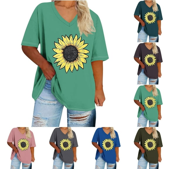 GERsome Summer V Neck T-Shirts for Women Plus Size Short Sleeve Loose Fit T-Shirts, Sizes S-5XL