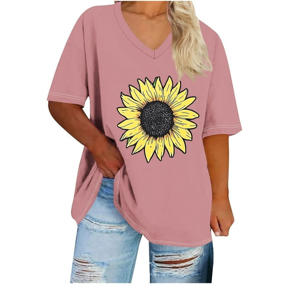 GERsome Summer V Neck T-Shirts for Women Plus Size Short Sleeve Loose Fit T-Shirts, Sizes S-5XL