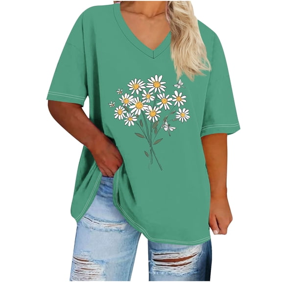 GERsome Summer V Neck T-Shirts for Women Plus Size Short Sleeve Loose Fit T-Shirts, Sizes S-5XL