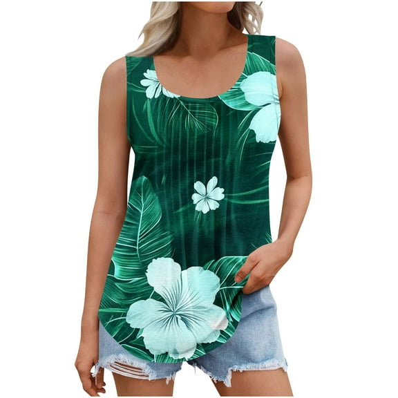 GERsome Tank Top for Women Summer Floral Tank Pleated Crewneck Sleeveless Tunic Flowy Loose T-Shirts S-5XL