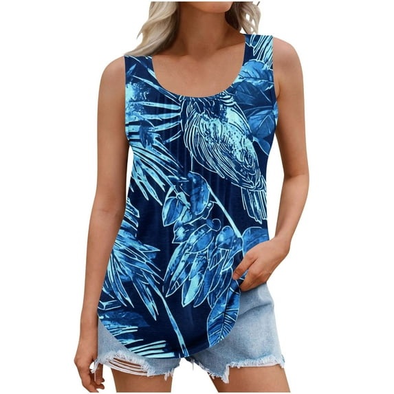 GERsome Tank Top for Women Summer Floral Tank Pleated Crewneck Sleeveless Tunic Flowy Loose T-Shirts S-5XL