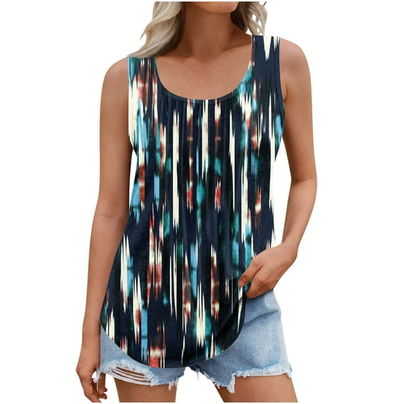 GERsome Tank Top for Women Summer Floral Tank Pleated Crewneck Sleeveless Tunic Flowy Loose T-Shirts S-5XL