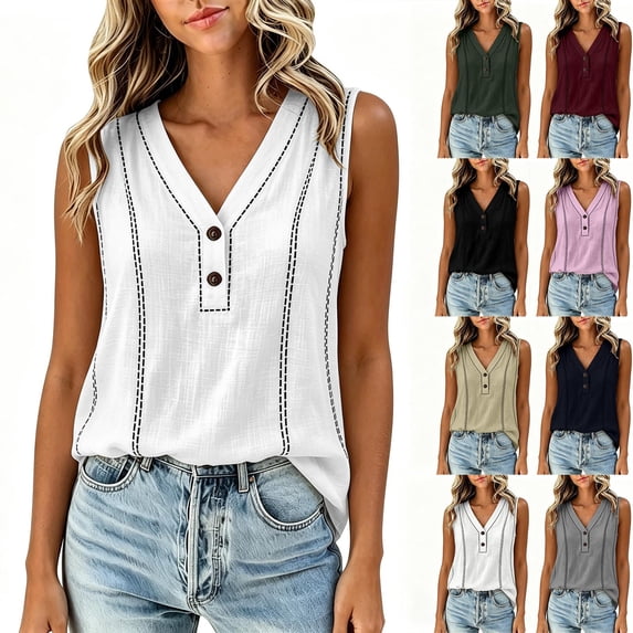 GERsome Tank Tops for Women Button Down V-Neck T-Shirts Loose Fit Sleeveless Summer Tops White Size L