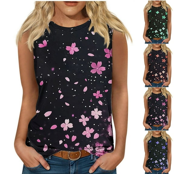 GERsome Tank Tops for Women Crew Neck Sleeveless Floral Tops Loose Fit Basic T Shirts Summer Beach Vacation Outfits S-2XL