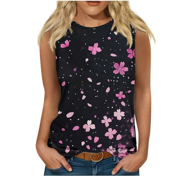 GERsome Tank Tops for Women Crew Neck Sleeveless Floral Tops Loose Fit Basic T Shirts Summer Beach Vacation Outfits S-2XL