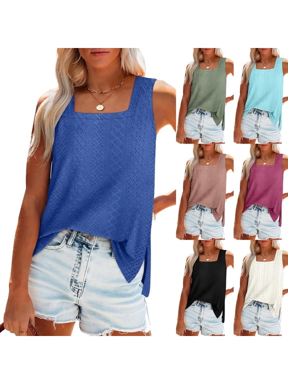 Tank Tops for Women Sleeveless Square Neck Loose Fit Basic Tee Casual Solid Color Summer T-Shirt S-2XL
