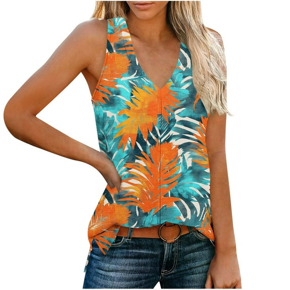 GERsome Tank Tops for Women Summer V Neck Sleeveless Floral T Shirts Trendy Loose Fit Beach Vacation Tops S-2XL