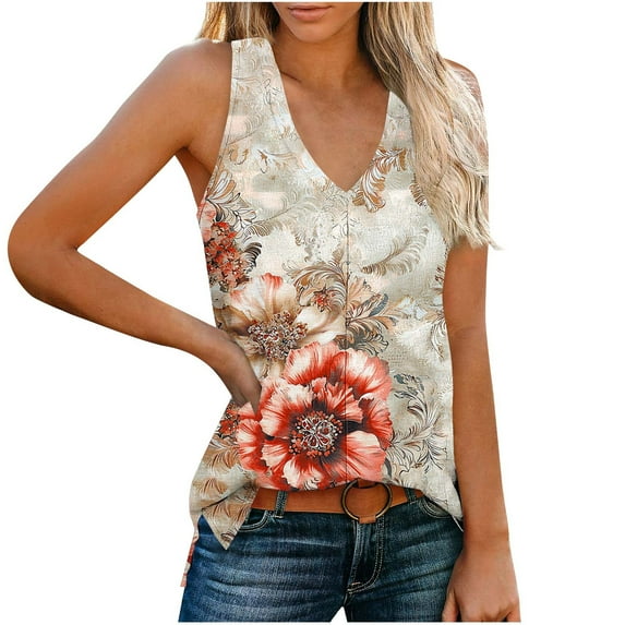 GERsome Tank Tops for Women Summer V Neck Sleeveless Floral T Shirts Trendy Loose Fit Beach Vacation Tops S-2XL