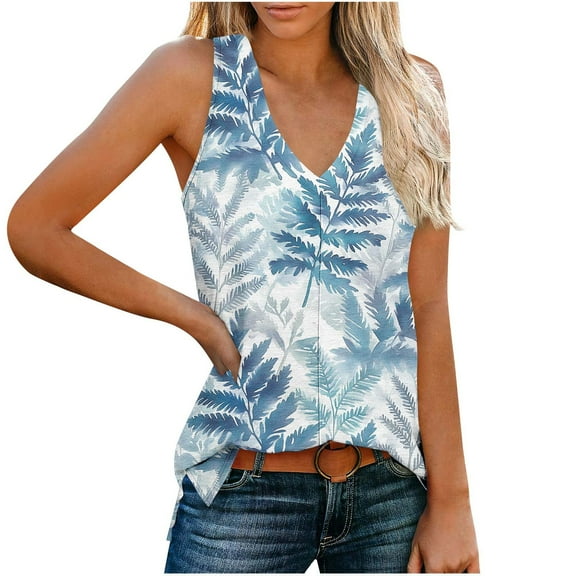 GERsome Tank Tops for Women Summer V Neck Sleeveless Floral T Shirts Trendy Loose Fit Beach Vacation Tops S-2XL
