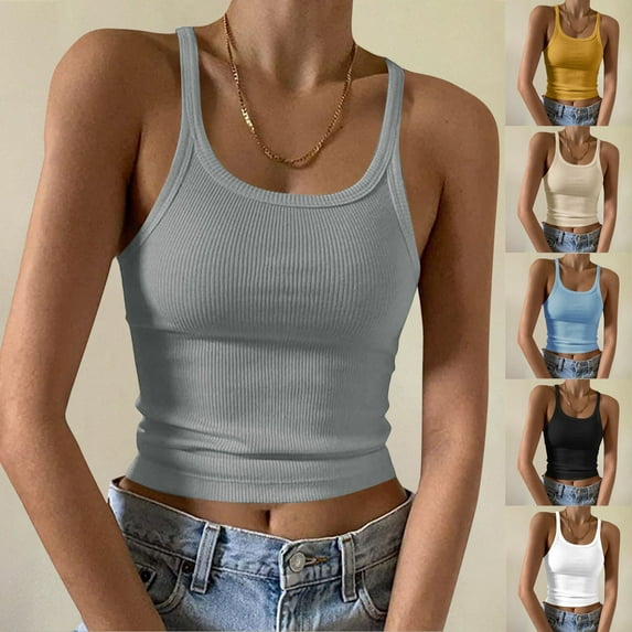 GERsome Tank Tops for Women U Neck Sleeveless Ribbed Crop Tops Solid Color Basic Slim-Fit Going Out Tops Workout Yoga Tee Shirts