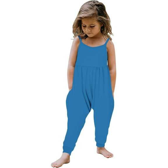 GERsome Toddler Baby Girls Casual Jumpsuits Loose Casual Sleeveless Spaghetti Strap Rompers Long Pants with Pockets for 1-6 Years（Size 1-2 Years/Blue)