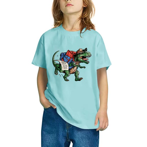 GERsome Toddler Boys Girls Short Sleeve Shirts Summer Cotton Casual Dinosaur Graphic Crewneck Tshirt, Sizes 3-10 Years, Light Blue/3-4 Years