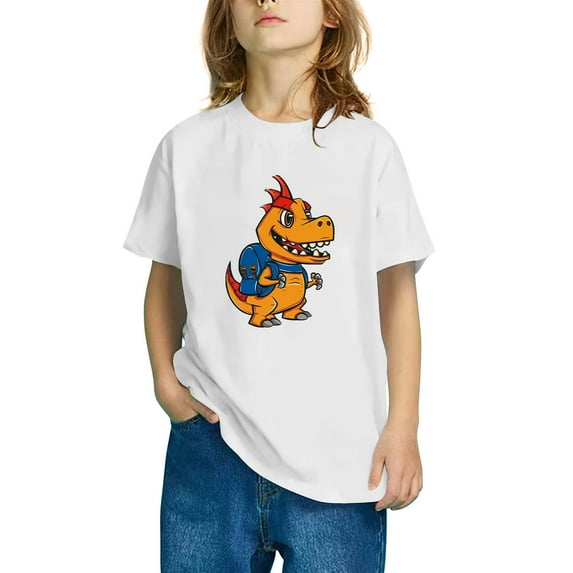 GERsome Toddler Boys Girls Short Sleeve Shirts Summer Cotton Casual Dinosaur Graphic Crewneck Tshirt, Sizes 3-10 Years, White/9-10 Years