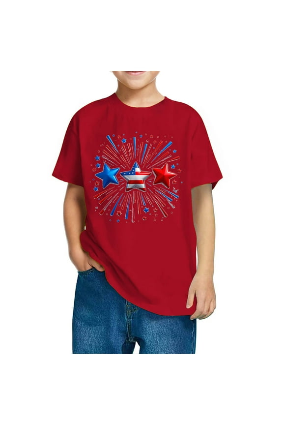 Toddler Girls Boys American Flag T-Shirts 4th of July Patriotic Tops Unisex Kids Cotton Crewneck Short Sleeves Graphic Tee, Sizes 9-10 Years